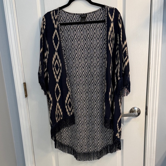 Rue21 Sweaters - Rue21 Navy and Tan Aztec Patterned Open Cardigan with Fringe